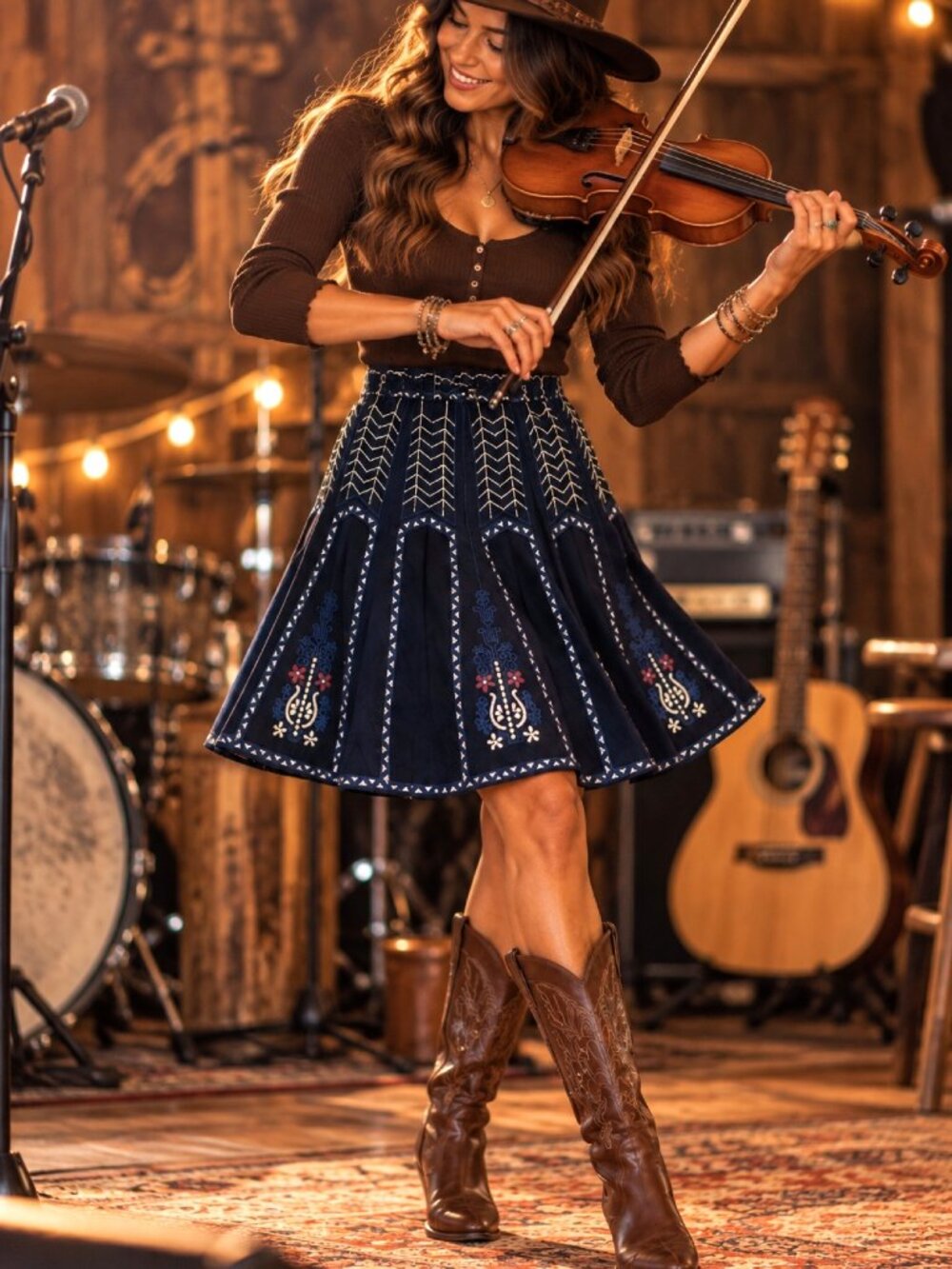 Blush Navy White Embroidered Western Skirt 15" (30") waist Vintage-Inspired